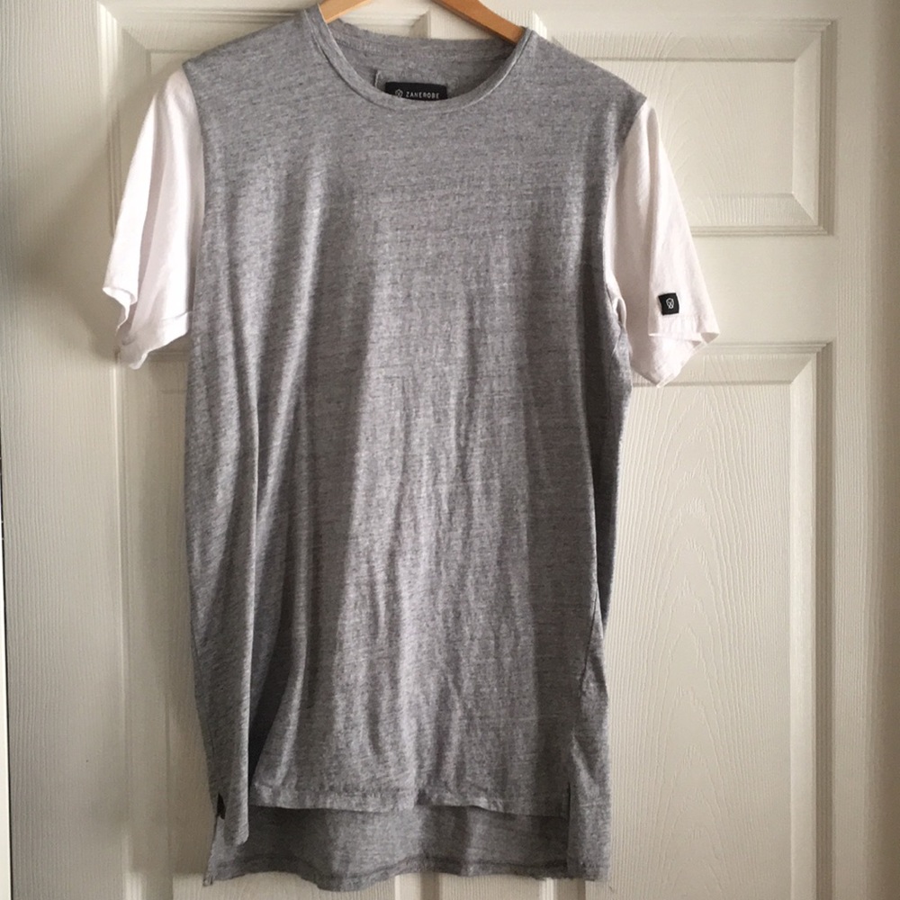 Men's gray with white sleeve Zanerobe long tee.